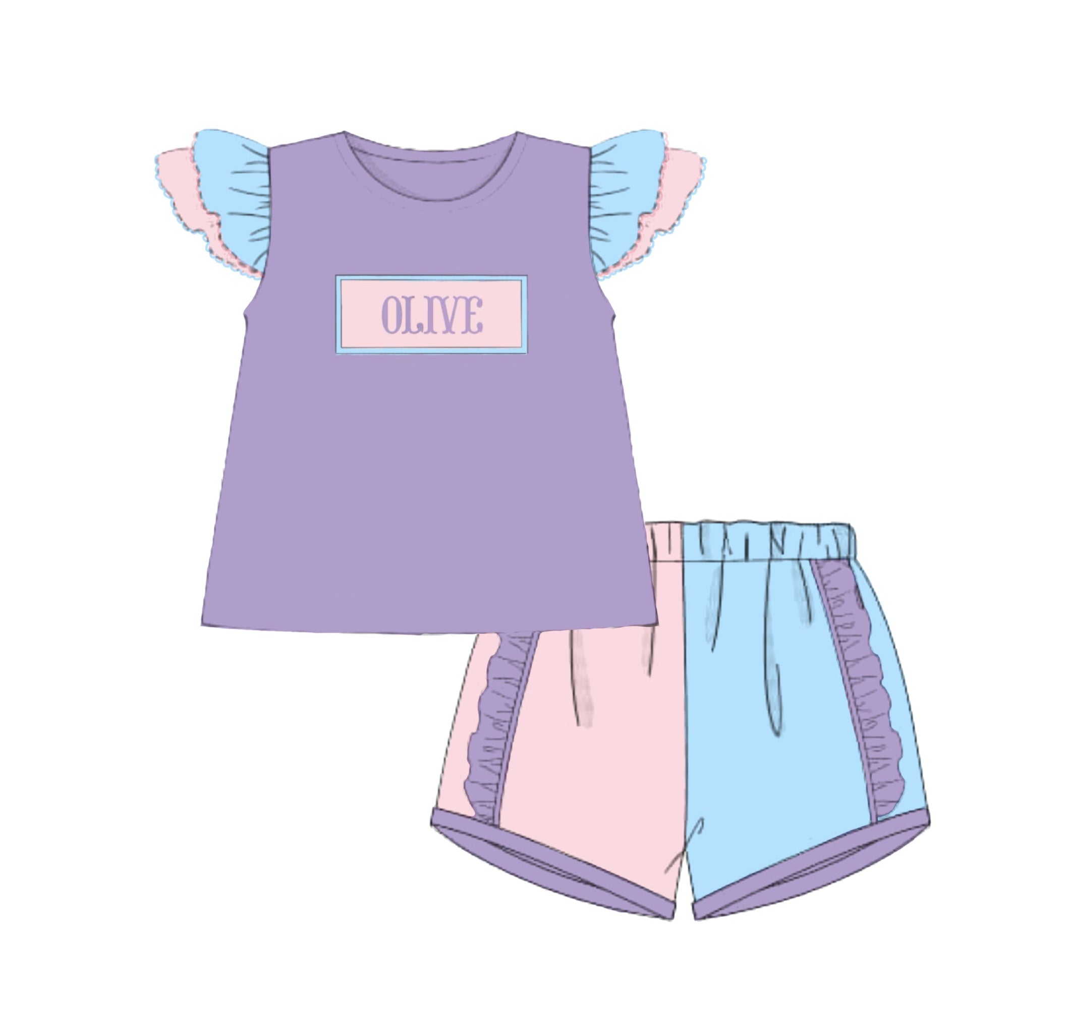 PO87 Color Block Name Smocks Girl Short Set