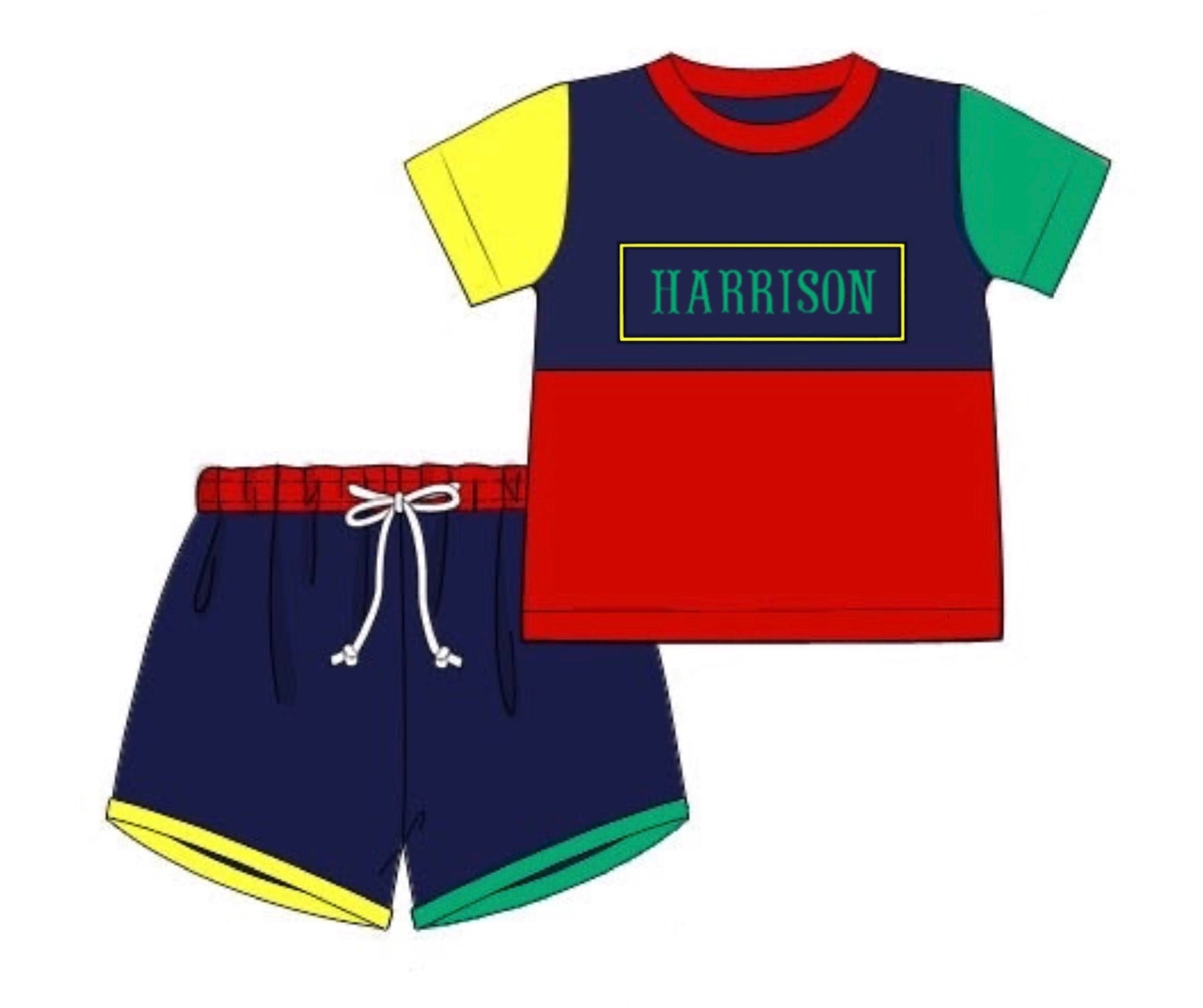 PO87 Color Block Name Smocks Boy Short Set