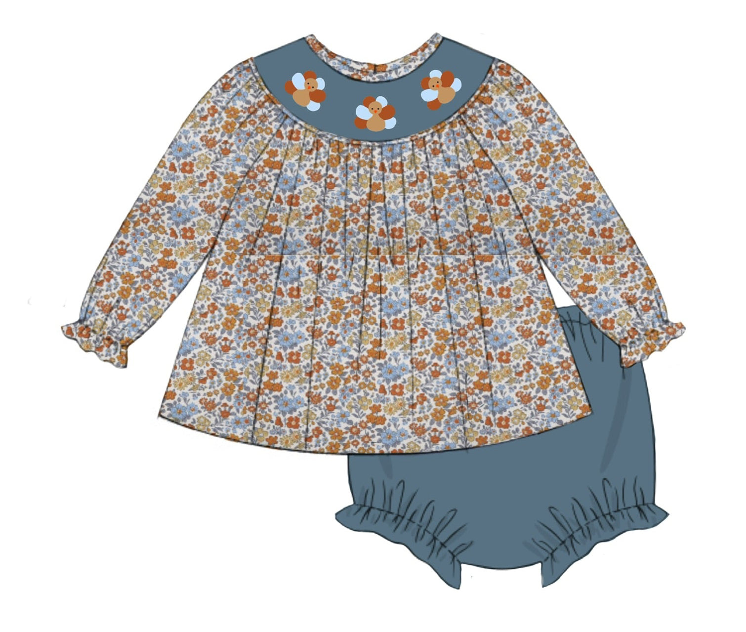 Sunset Floral Smocked Turkeys Bloomer Set
