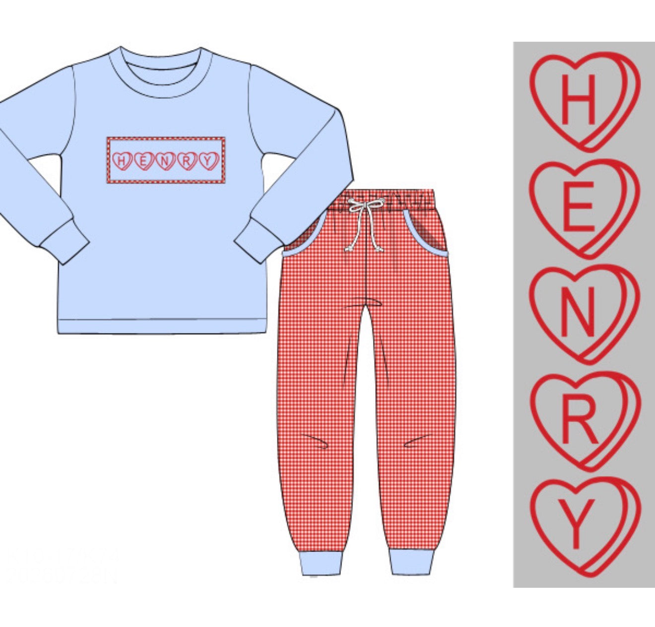PO94 Heart Name Smocks Boy Pant Set