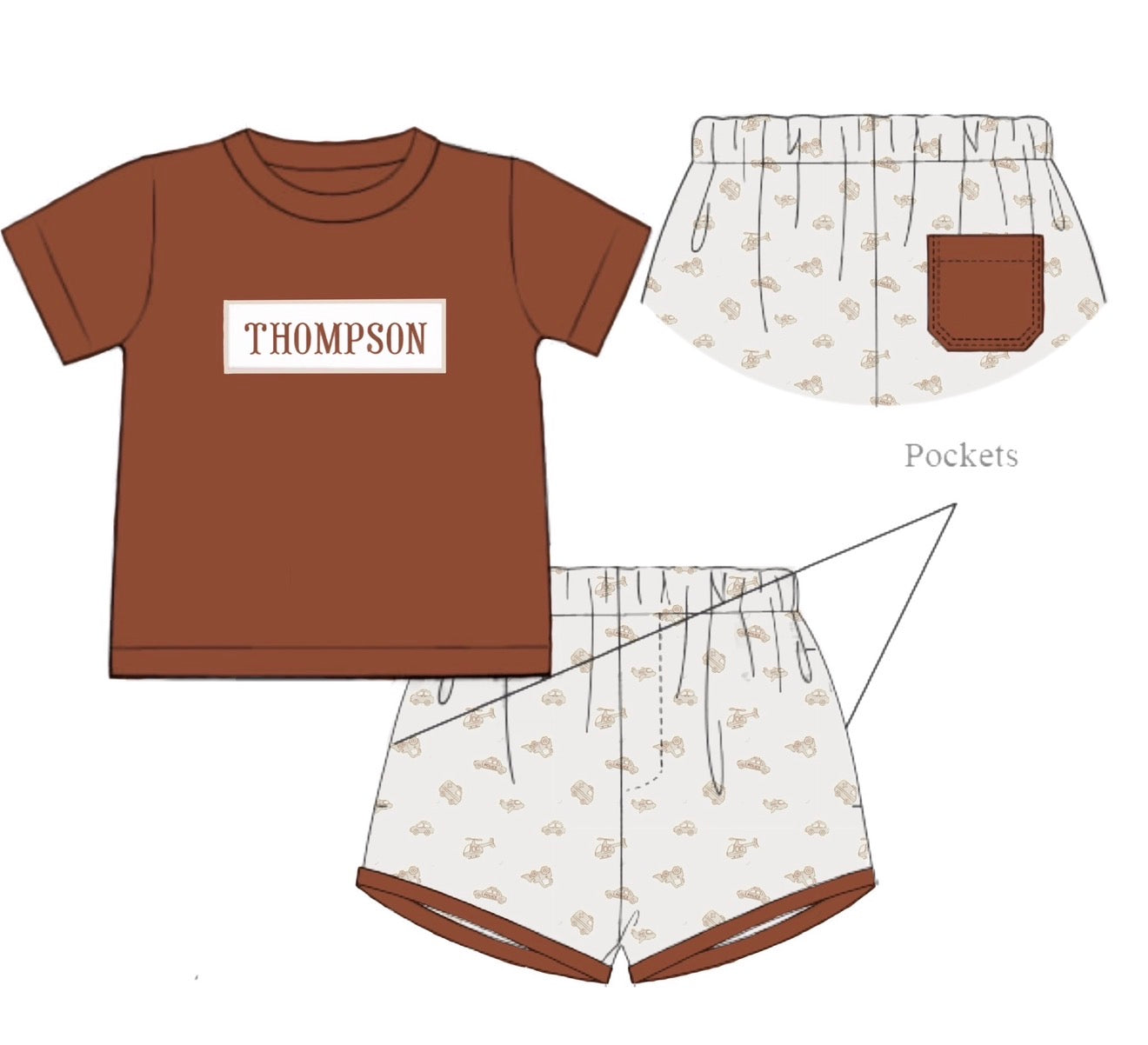 PO89 Brown Bows & Things That Go Name Smocks Short Set