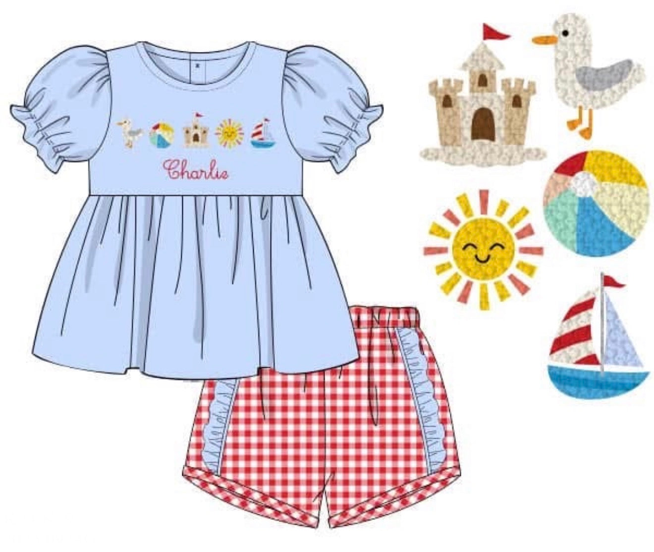 PO86 French Knot Beach Fun Girl Short Set