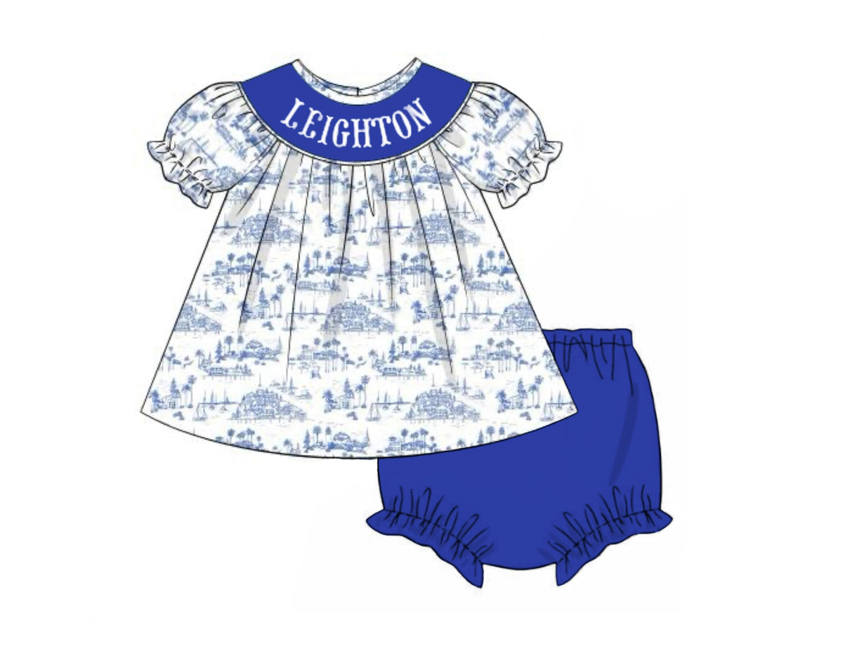 PO95 Seahaven Toile Name Smocks Bloomer Set