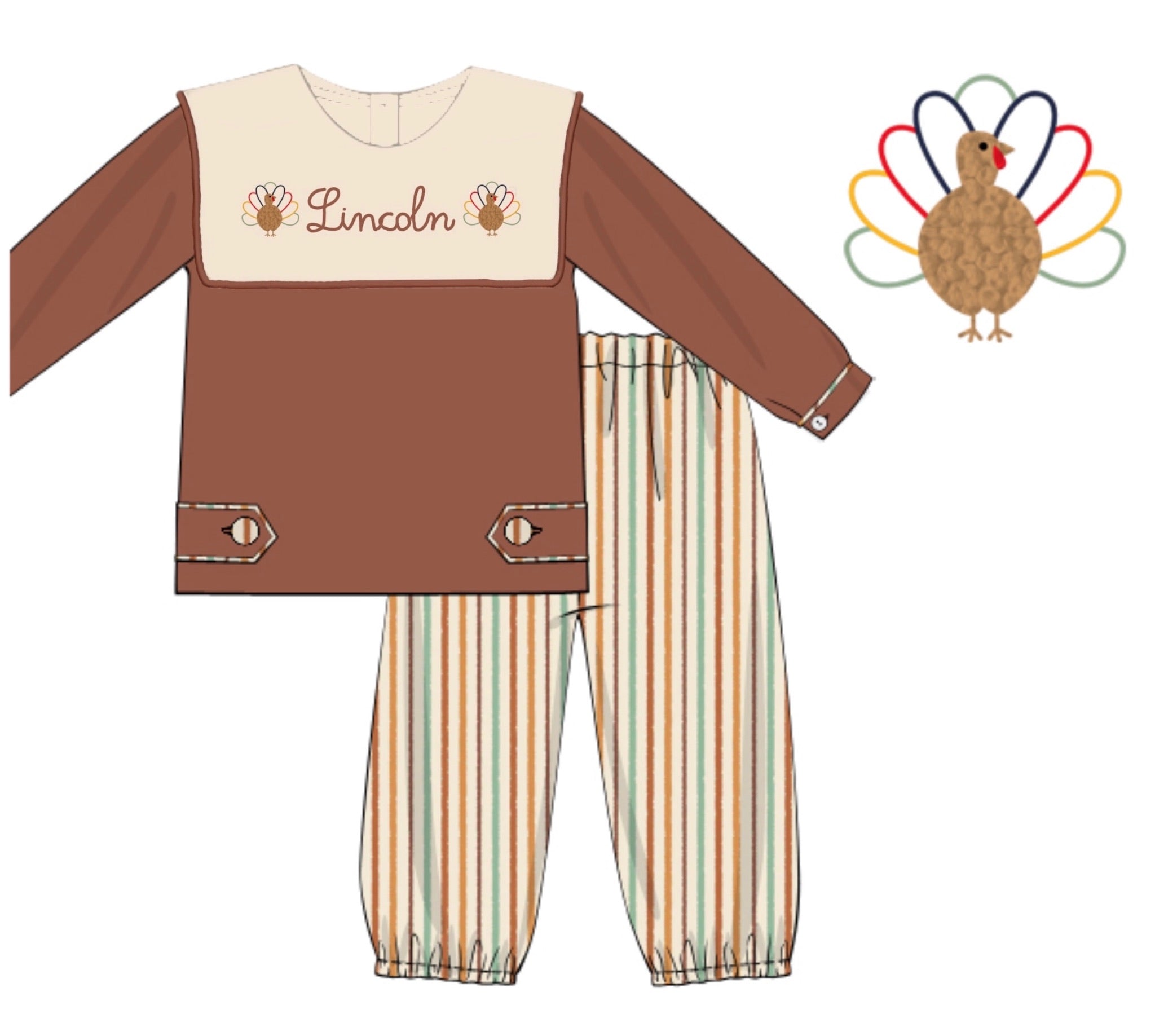 PO91 Muted Turkeys Boy Bibbed Pant Set