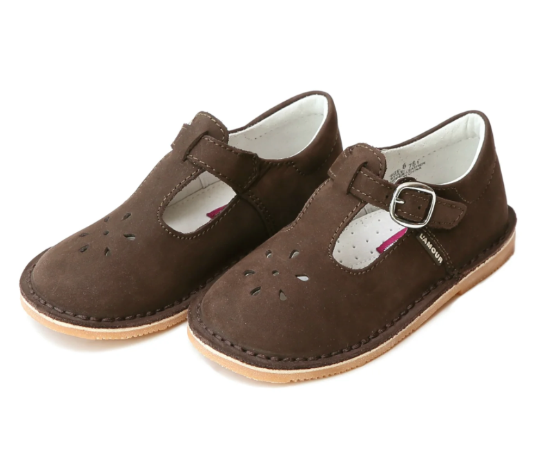 L'Amour Joy Classic Nubuck Brown Leather T-Strap Mary Jane