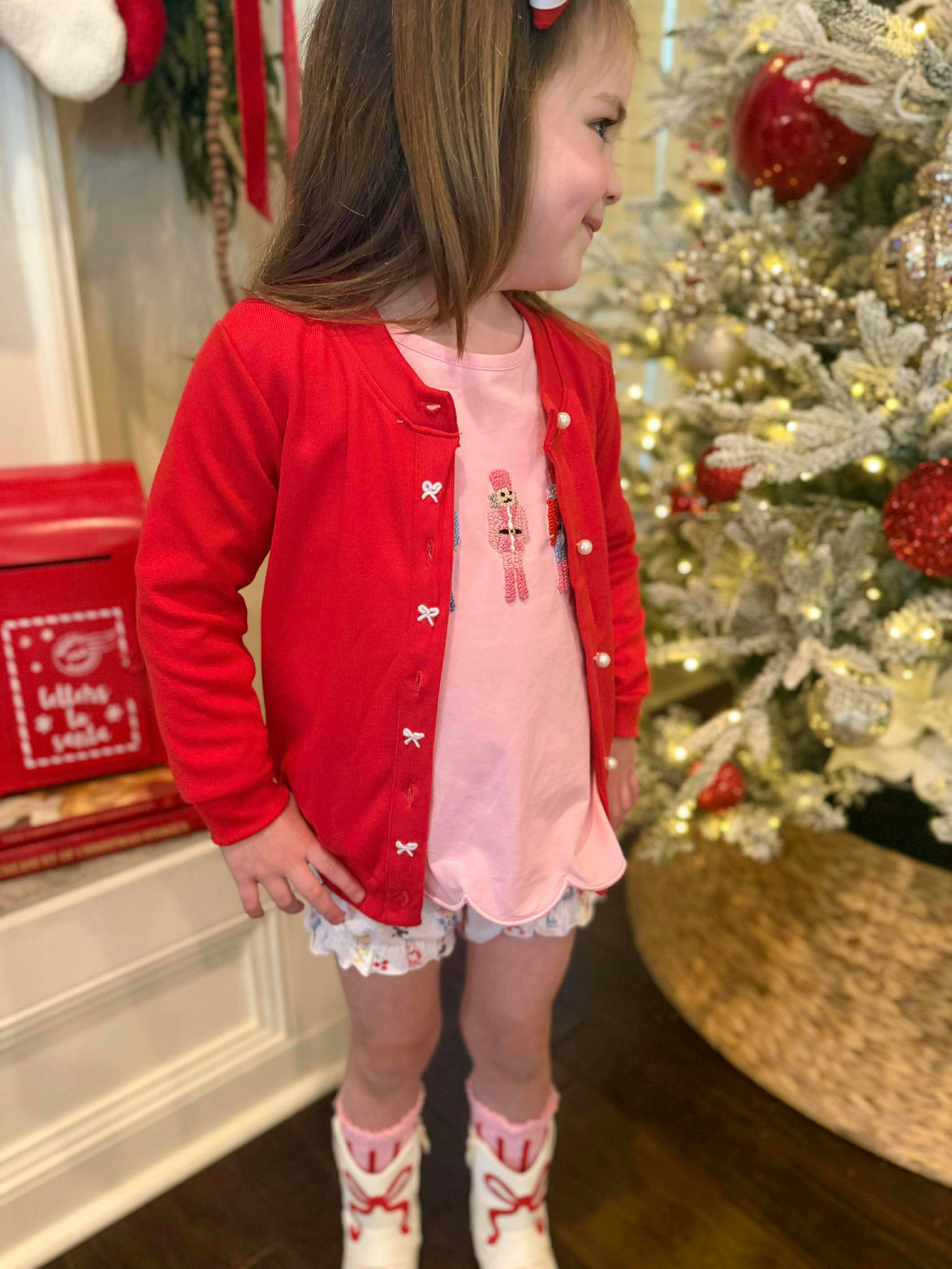 Red Bullion Bows & Pearls Cardigan