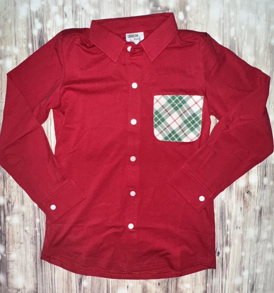 Garnet Plaid Pocket Kids Button Down