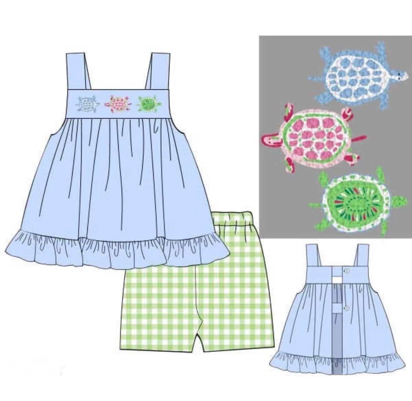 PO86 French Knot Turtles Girl Short Set