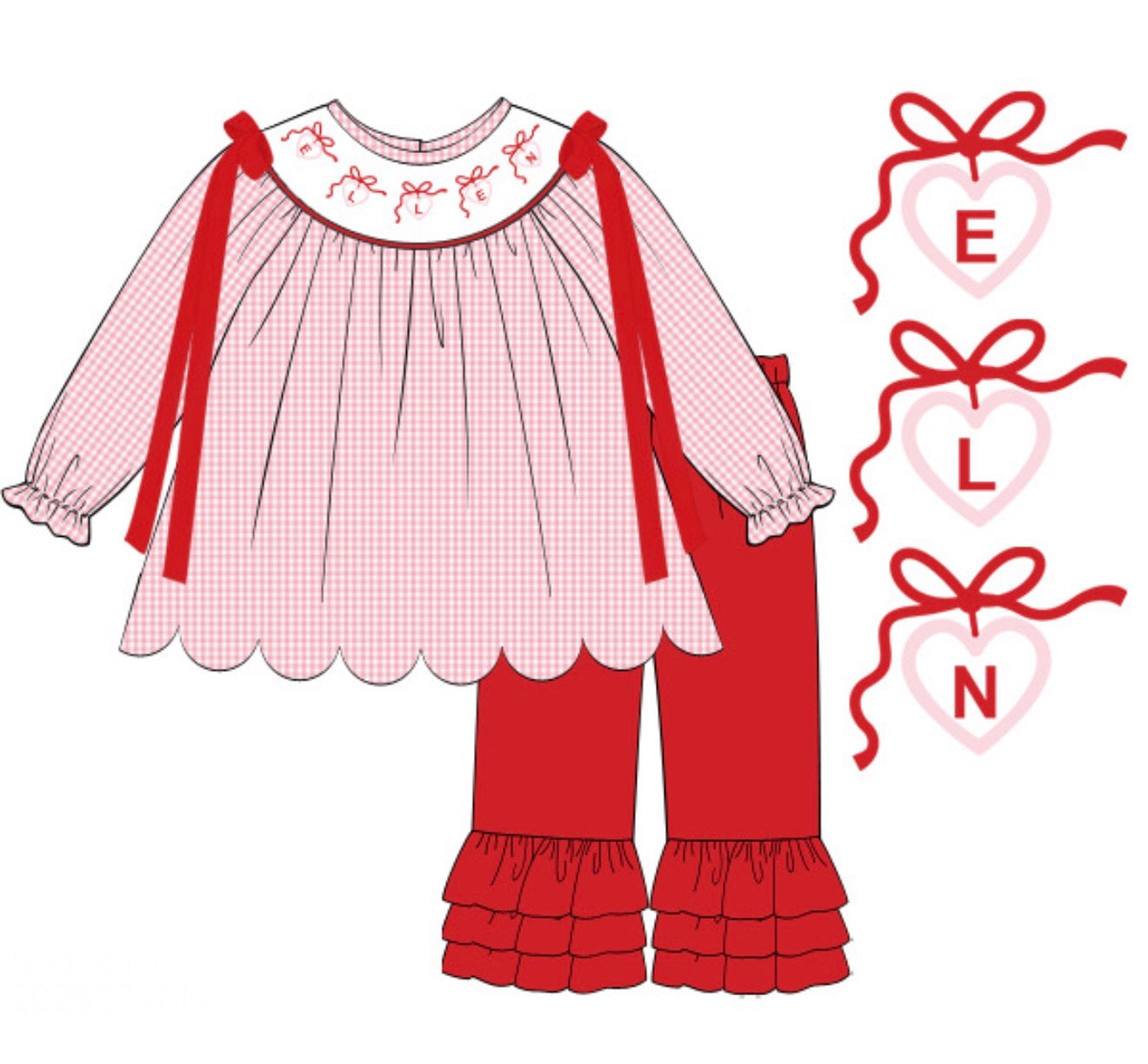 PO94 Heart Name Smocks Girl Pant Set