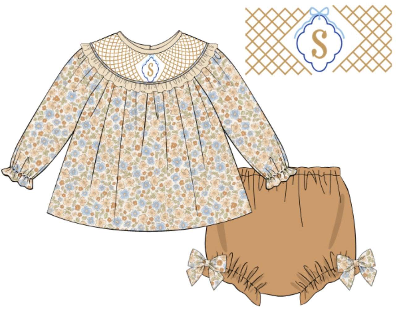 PO91 Smocked Monos Bloomer Set