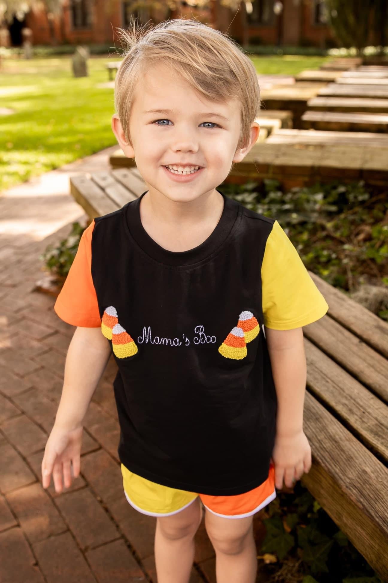 French Knot Candy Corn Colorblock Boy Set "Mama's Boo"