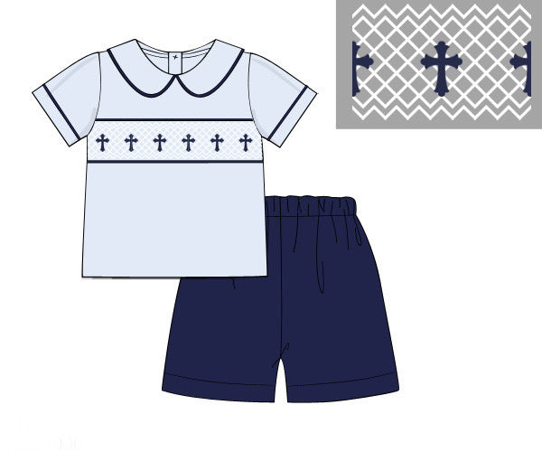 Smocked Geometric Cross Short Set